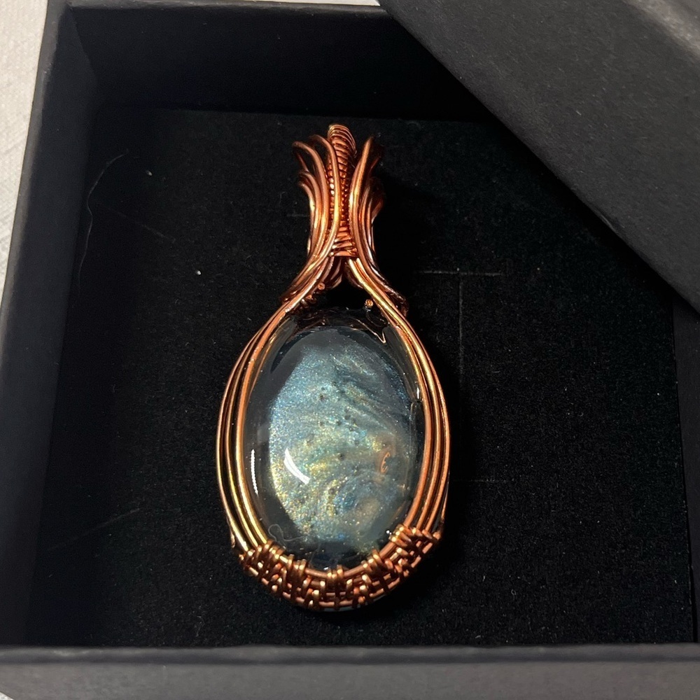 Artisan Wire wrapped resin necklace pendant. Handmade. Unique.